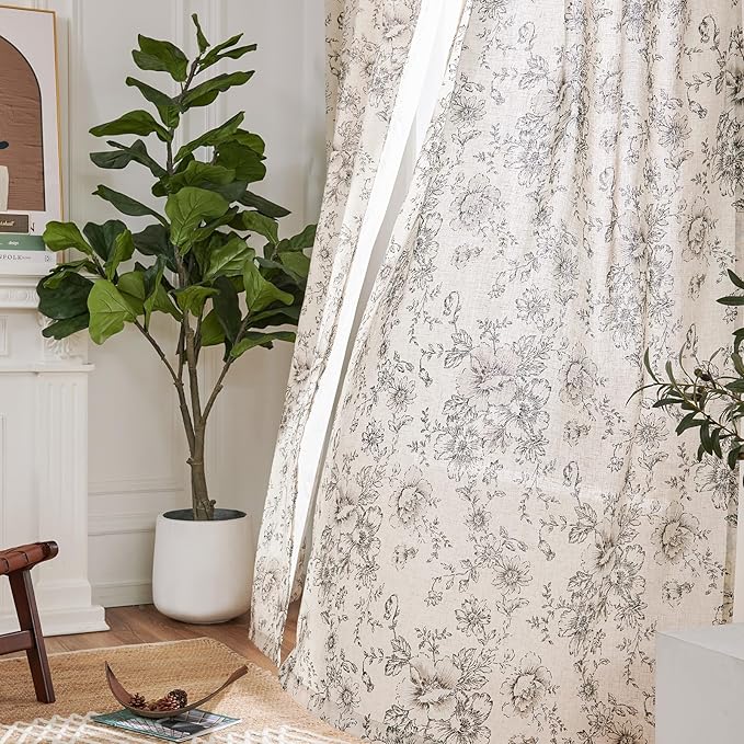 jinchan Linen Blend Curtain Floral Curtains for Living Room 96 Inch Length Black Printed Curtain Rod Pocket Back Tab Farmhouse Peony Flower Patterned Drapes Bedroom Window Curtains Set 2 Panels