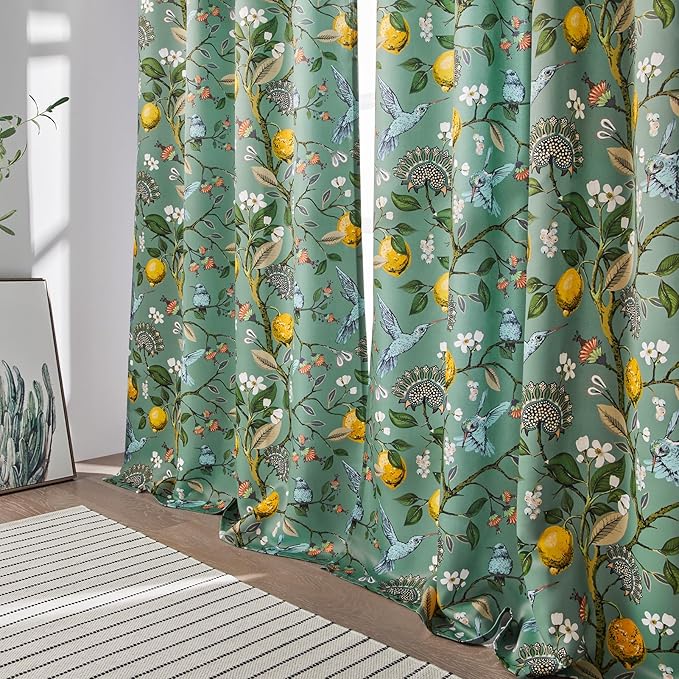 Topfinel 94 Inches Long Custom Curtains, Unique Cottagecore Whimsical Vintage Pretty Fun Floral Hummingbird Patterned Double Sided Grommet Green Print Drapes Two Pages for Bedroom Living Room Dining