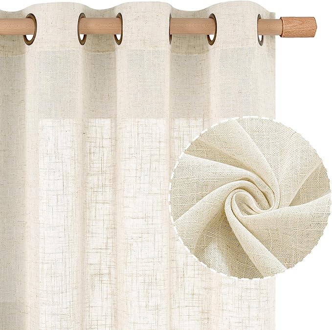 LAMIT Natural Linen Semi Sheer Curtains 63 Inch for Bedroom, Light Filtering Neutral Window Curtains Farmhouse Boho Bronze Grommet Panels, Natural Cream Ivory, 2 Panels, 38 x 63 Inch