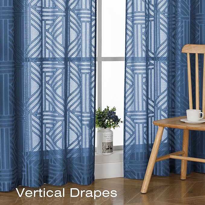Simplebrand Dusty Blue Sheer Kitchen Curtains 36 Inch Length Tier Curtains 2 Panels, Light Filtering Geometric Jacquard Clip Textured Semi Sheer Curtains Short Window Curtains for Bathroom, 42x36 inch