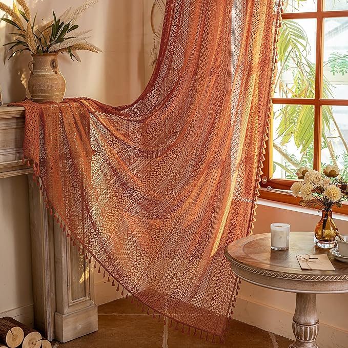 WAZZIO Boho Lace Curtains 72 Inches 2 Panel,Light Filtering Privacy Tassel & Geometry Crochet Semi Sheer Curtain Drapes for Bedroom Living Dining Room,Rod Pocket & Tassel,Full Decor,Burnt Orange