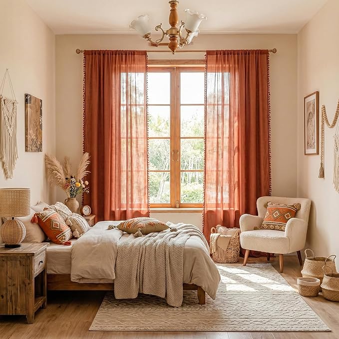 MYSKY HOME Boho Country Room Decor Long Curtains for Living Room,Light Filtering Privacy Protect Semi Sheer Macrame Curtains for Sliding Glass Patio Doorways, 50" x 90", Terracotta, 2 Panels