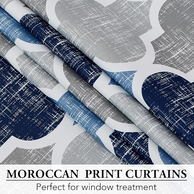 Beauoop 100% Blackout Curtains 108 Inches Long 2 Panels for Bedroom Living Room Blue Grey Moroccan Geo Room Darkening Thermal Insulated Soundproof Grommet Top Window Treatments Drapes, 50x108 Set of 2
