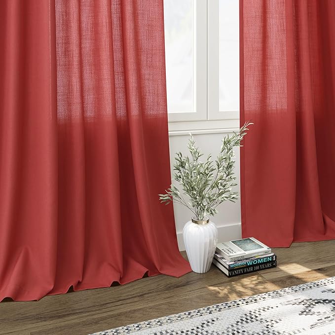 Nanspring Christmas Red Linen Curtains 84 Inch Length 2 Panels Set for Living Room Light Filtering Semi Sheer Curtain Back Tab Vintage Rustic Luxury Home Decor Neutral Drapes for Bedroom Office 52x84