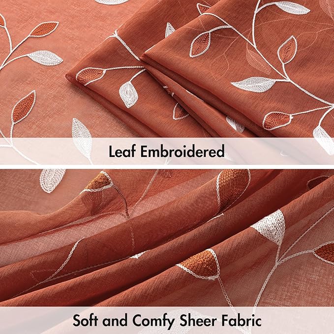 MIULEE Terracotta Sheer Curtains 2 Panels Embroidered Leaf Patterned burnt Orange Rod Pocket Floral Semi Faux Linen Short Fall Window Curtains Drapes Set for Kitchen Bathroom Cafe, 30x24 Inches Length