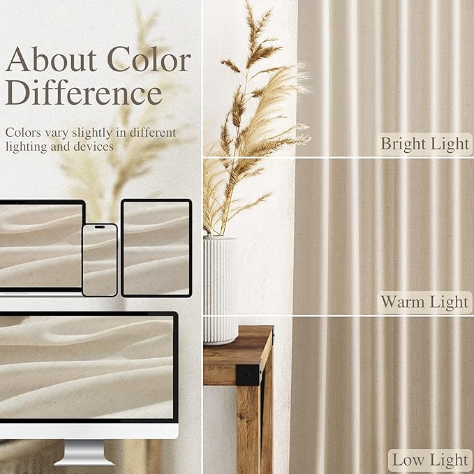 Birch Beige Linen Curtains 132 Inch Length for Living Room Light Filtering Semi Sheer Curtain Back Tab Modern Farmhouse Decor Elegant Drapes Floor to Ceiling High Window for Bedroom 52x132, 2 Panels