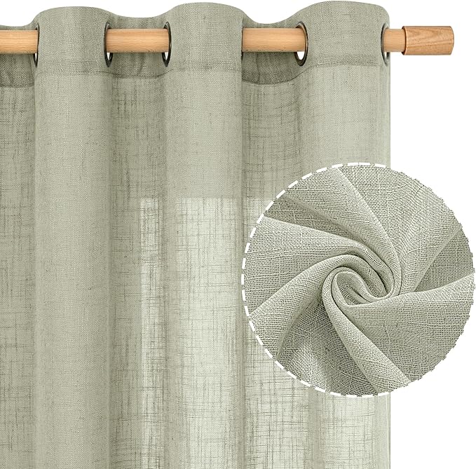 LAMIT Short Linen Curtains 40 Inch Length, Sage Grey Small Window Semi Sheer Drapes Light Filtering Bronze Grommet Neutral Panels for Cafe/Basement, 2 Panels Set, 34 x 40 Inch