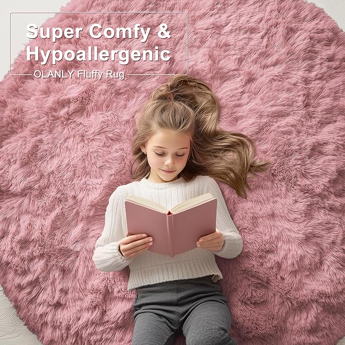 OLANLY Pale Pink Round Rugs for Bedroom - Machine Washable, 4 ft Circle Area Rugs for Living Room, Soft and Fluffy Shaggy Carpet for Teen Girls and Boys, Nursery Rooms, Dorms, Home Decor Aesthetic