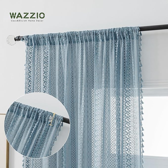 WAZZIO Boho Lace Curtains 63 Inches 2 Panel,Light Filtering Privacy Tassel & Geometry Crochet Semi Sheer Curtain Drapes for Bedroom Living Dining Room,Rod Pocket & Tassel,Light Slate Blue