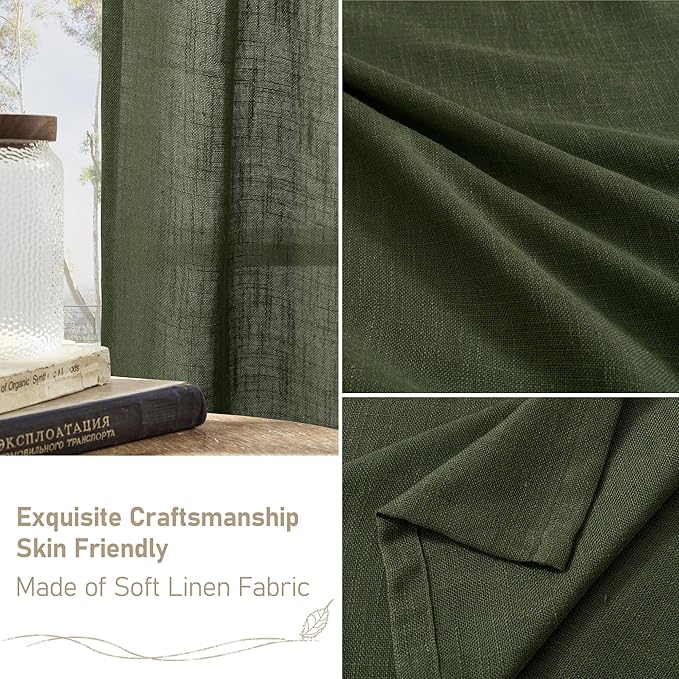 LAMIT Linen Sheer Curtains 80 inch for Living Room, Soft Thick Light Filtering Boho Window Textured Neutral Drapes with Bronze Grommet for Bedroom/Farmhouse, 2 Panels, 52 x 80 Inch, Olive Green