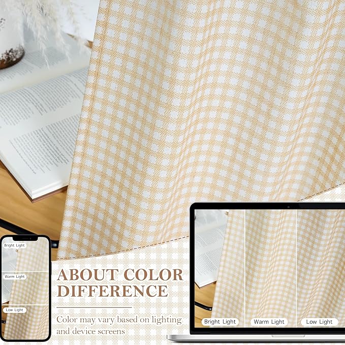 RYB HOME Checkered Kitchen Cafe Curtains 24 inch Length, Vintage Farmhouse Linen Plaid Curtains Gingham Small Window Treatment Valance for Living Room Bathroom, Yellow, W26 x L24, 2 Panels