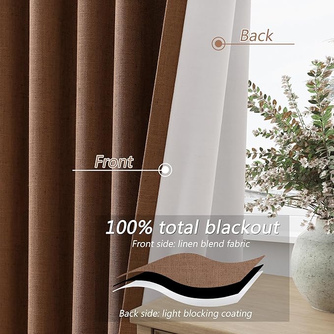 Guken Caramel Brown 100% Blackout Linen Curtains 100 Inch Length 2 Panels Set for Living Room Bedroom Back Tab/Rod Pocket Thermal Insulated Black Out Drapes Room Darkening Window Curtains