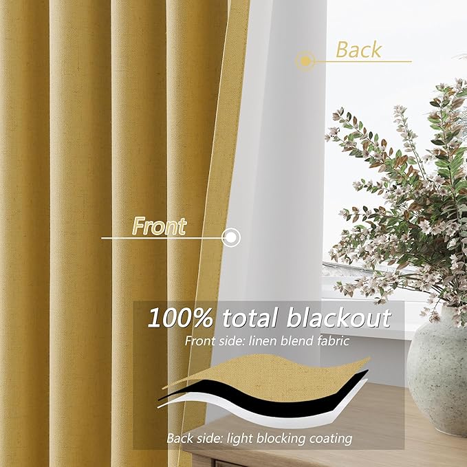 Guken 100% Blackout Curtains 120 Inch Length 2 Panels Set for Living Room Bedroom Back Tab Thermal Insulated Black Out Linen Drapes Room Darkening Window Curtains Gold Yellow 52x120