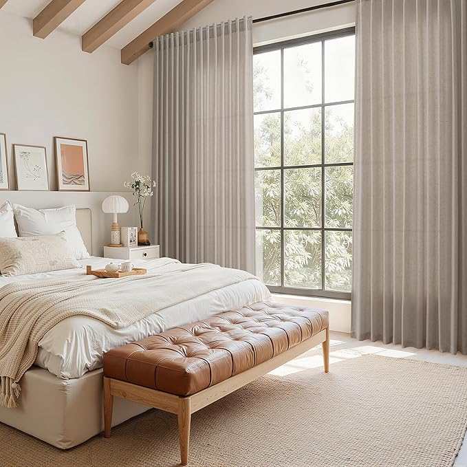 Nanspring Ecru Curtains 102 Inches Long for Living Room Linen Blend Light Filtering Semi Sheer Curtain Back Tab Rustic Decor Natural Farmhouse Floor to Ceiling Boho Drapes for Bedroom 52x102, 2 Panels