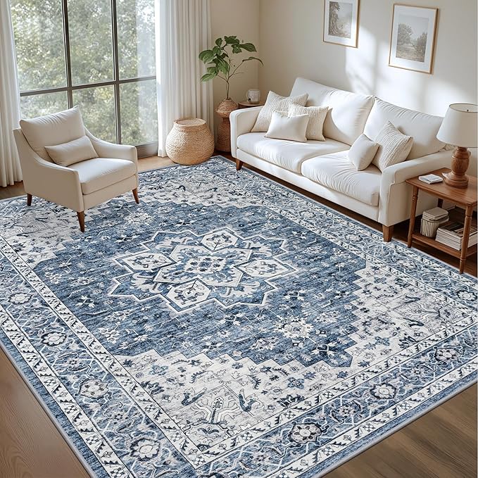 8x10 Area Rugs for Living Room: Washable Rug Soft Vintage Boho Medallion Carpet Indoor Floor Non-Slip Stain Resistant Large Carpets for Bedroom Dining Room Farmhouse Nursery Home Office Blue