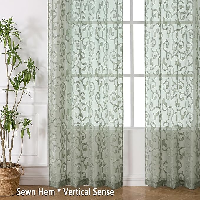 OWENIE Furman Sage Green Sheer Curtains 54 Inch Length 2 Panels Set for Living Room Bedroom Bathroom Small Window, Airy Jacquard Clip Short Curtains Each 42Wx54L inch