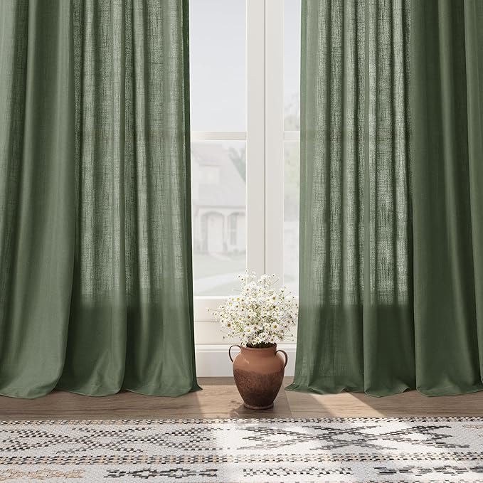 Nanspring 70 Inches Wide Olive Green Linen Curtains for Living Room 2 Panels Set 102 Inch Length Back Tab Light Filtering and Breathability Semi Sheer Curtain for Bedroom 70x102