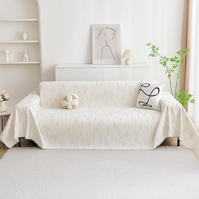MYSKY HOME Couch Cover for Dogs, Sectional Couch Cover, Beige Lines Sofa Covers for Sectional Sofa L Shape Chenille Couch Protector for Dogs Pets Couch Covers Washable Soft Throw, 91"X134"