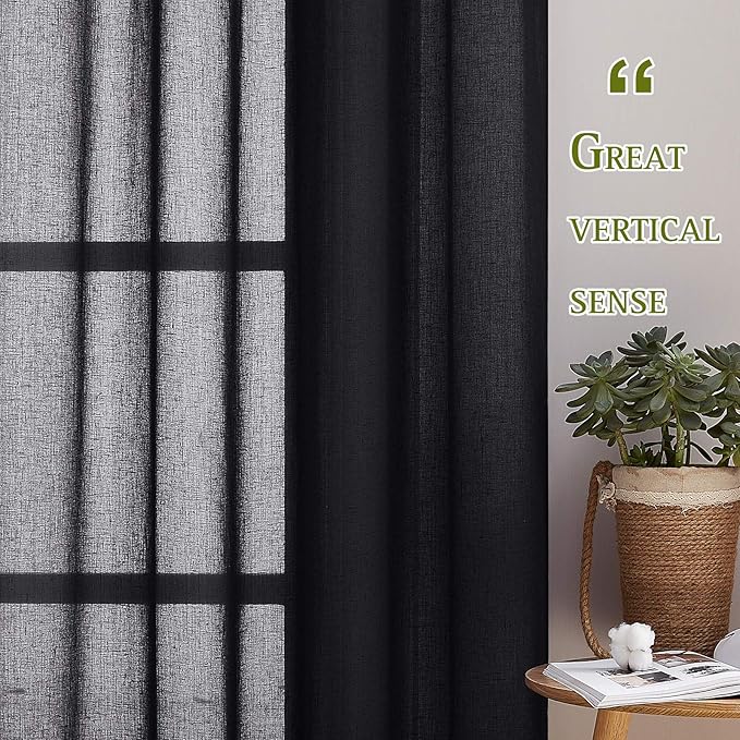 NICETOWN Black Sheer Curtains 84 inches Long, Grommet Semi Sheer Linen Drapes Privacy with Light Through for Bedroom/Living Room, W52 x L84, 2 Panels