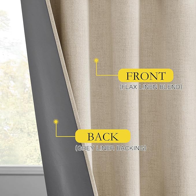 NICETOWN 100% Blackout Cream Linen Curtains 95 inches Length for Dining Room, 2 Panels Set, 52" Wide, Farmhouse Style Room Cooling Window Draperies with Thermal Insulated Liners
