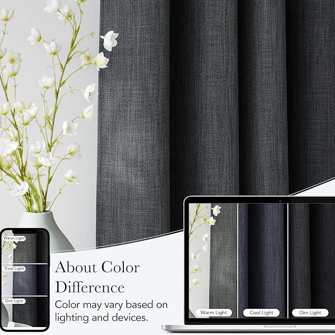 NICETOWN Charcoal Gray Faux Linen Room Darkening Rod Pocket Curtains 63 inch Length, W42 x L63, Light Blocking Thermal Insulated Noise Reducing Drapes for Bedroom Living Room Farmhouse Decor, 2 Panels
