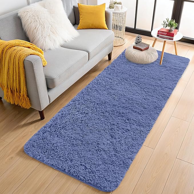 OLANLY 2x4 Machine Washable Runner Rugs for Hallway, Soft Fluffy Shaggy Bedside Rugs for Bedroom, Living Room, Indoor Floor Carpet for Kids Girls and Boys, Home Decor Aesthetic, Denim Blue
