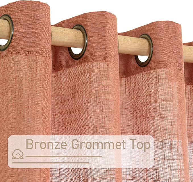 LAMIT Terracotta Linen Sheer Curtains 80 Inch Length for Living Room, Rustic Boho Window Drapes Bronze Grommet Light Filtering Panels for Bedroom/Farmhouse Fall Decor, 2 Panels, 52 x 80 Inch
