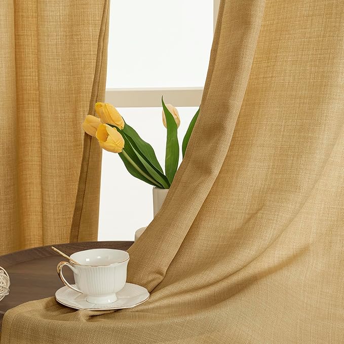LAMIT Faux Linen Curtains for Bedroom, Grommet Thick Linen Drapes Light Filtering Privacy Sheer Window Burlap Curtains for Living Room, Set of 2 Panels (52 x 63 Inch, Caramel Brown)