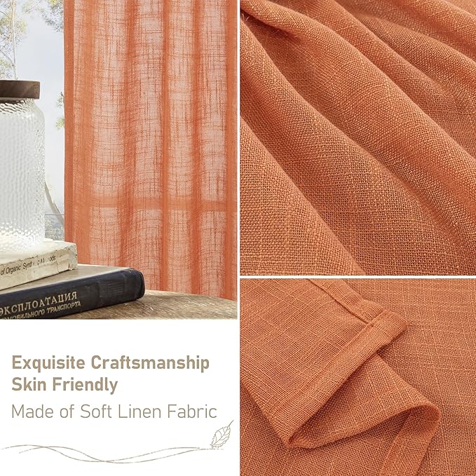 LAMIT Burnt Orange Sheer Linen Curtains, 84 inch Light Filtering Semi Sheer Panels Bronze Grommet Farmhouse Rust Drapes for Living Room/Bedroom, 2 Panels, 52 x 84 Inch