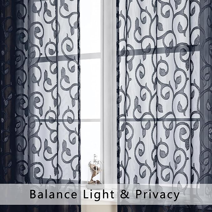 OWENIE Furman Sheer Curtains 63 inch Length for Bedroom Living Room 2 Panels Set, Light Filtering Solid Curtains & Drapes with Geometric Jacquard Clip, Soft Airy Rod Pocket Voile Curtain, 40Wx63L inch
