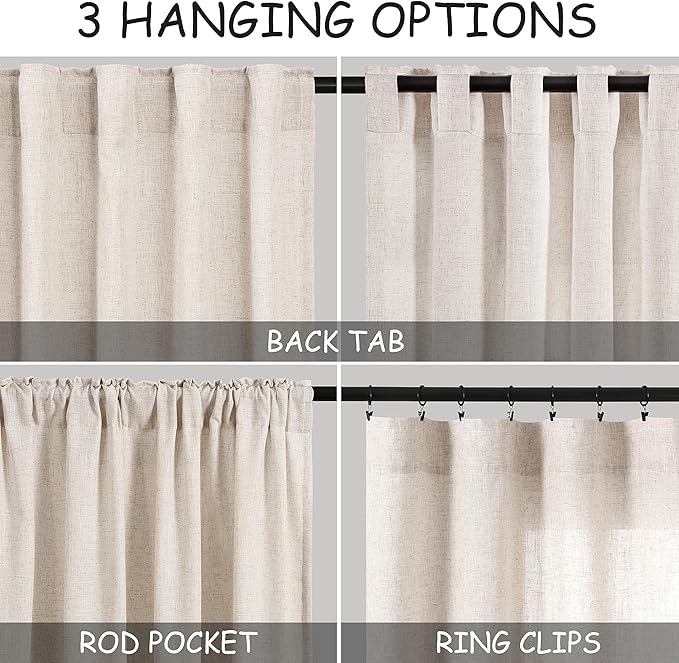 Linen Beige Curtains 145 inch Extra Long for Living Room Back Tab Light Filtering Semi Sheer Drapes Modern Farmhouse Coastal Decor Cotton Textured Curtain for Floor to Ceiling High Window 52x145
