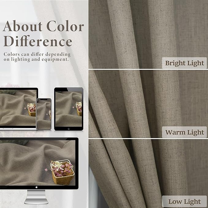 Pitalk Back Tab Linen Curtains 96 inches Long 2 Panels Set for Living Room Sliding Glass Door Dark Taupe Semi Sheer Curtains Light Filtering Canvas Cloth Linen Drapes 96 inch Floor to Ceiling Length