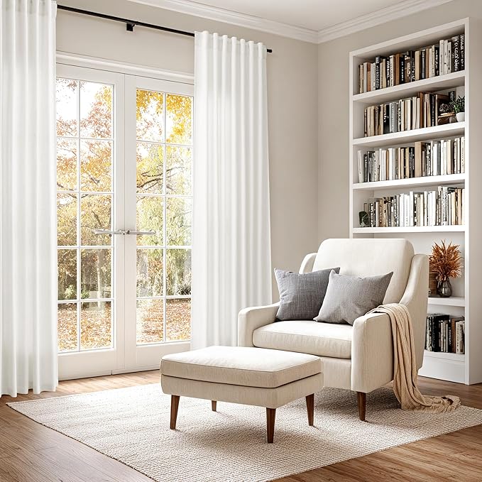 Nanspring Beige White Linen Curtains 90 Inches Long for Living Room 2 Panels Set Semi Sheer Vertical Curtains Back Tab Rod Pocket Coastal Room Decor Privacy Curtain for Bedroom/Dinner Room 60x90