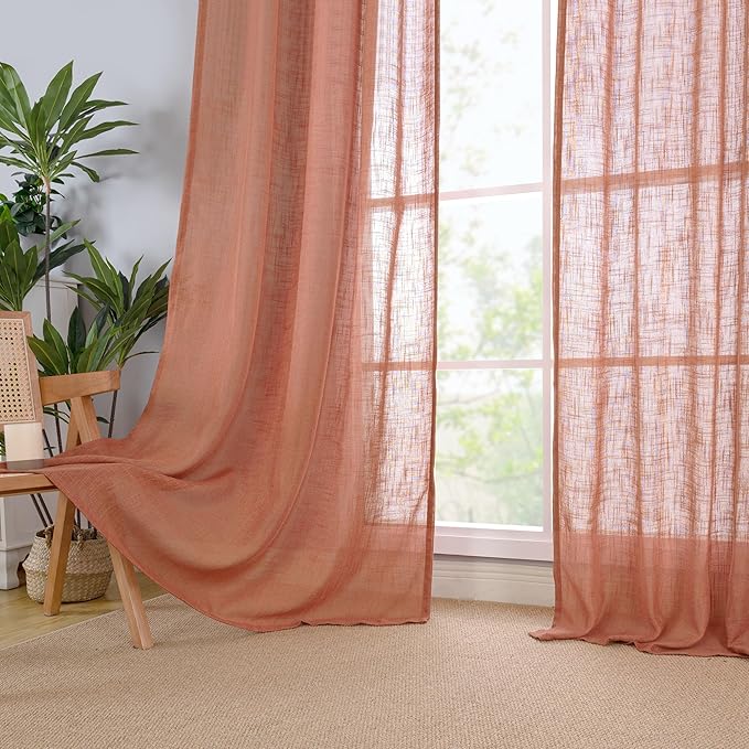 LAMIT 60 Inch Length Window Linen Curtains, Light Filtering Panels Back Tab and Rod Pocket Neutral Drapes for Bedroom/Living Room, Terracotta, 2 Panels, 34 x 60 Inch