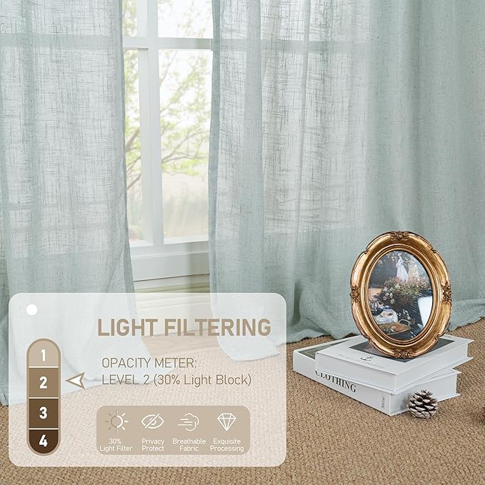 LAMIT Linen Curtains 108 Inches Long for Living Room, Back Tab and Rod Pocket Linen Textured Sheer Curtains Light Filtering Curtains for Boho Farmhouse, 2 Panels, 52 x 108 Inch, Greyish Blue