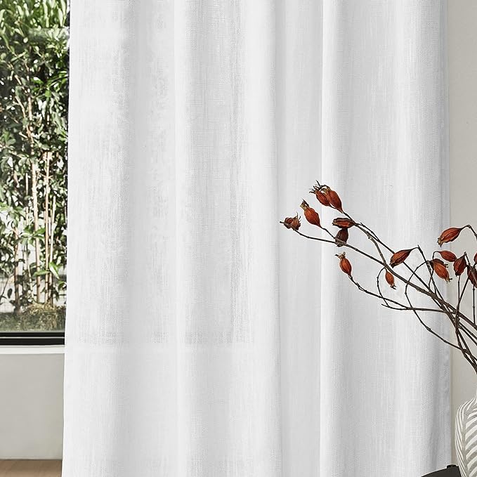 MYSKY HOME Floor to Ceiling Curtains 120 Inches White Sheer Window Drapes 2 Panel Sets Back Tab Draperies Linen Look Boho Fabric, Soft Cotton Blend Light Filtering for Living Room