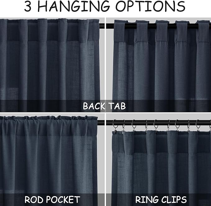 Nanspring Vintage Blue Linen Curtains 108 Inches Long for Living Room Bedroom 2 Panels Set Extra Long Back Tab Drapes Light Filtering Semi Sheer Floor to Ceiling Curtain for Large Windows 52x108