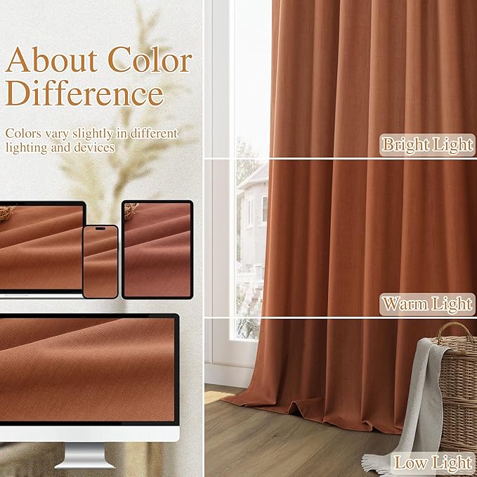 Guken Terracotta 100% Blackout Curtains 108 Inch Length 2 Panels Set Fall Curtains for Living Room Bedroom Back Tab Thermal Insulated Black Out Linen Drapes，52x108