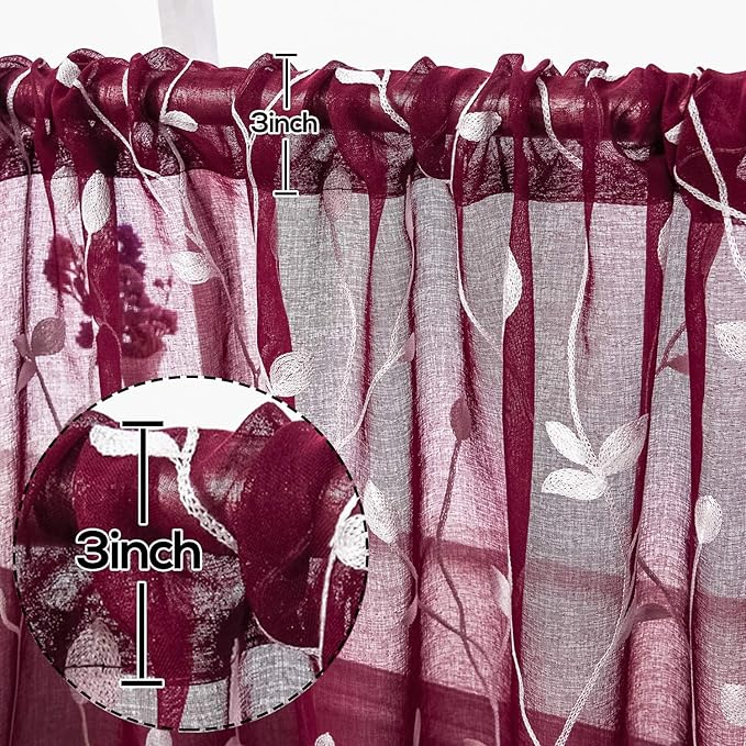 AmHoo 2 Panels Embroidered Leaf Pattern Semi Sheer Curtains Foliage Floral Voile Window Draperies Treatment for Bedroom Living Room Rod Pocket Burgundy Red 53 x 63 Inch