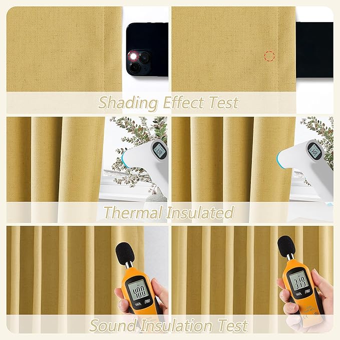 Gold 100% Blackout Linen Curtains 108 Inch Length 2 Panels Set for Living Room Bedroom Back Tab Thermal Insulated 100% Black Out Drapes Room Darkening Farmhouse Style for Bedroom Window Curtains