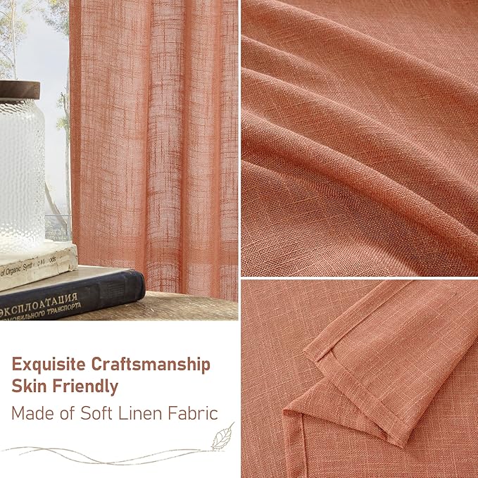 LAMIT Short Window Linen Curtains 36 Inch Length 2 Panels, Terracotta Light Filtering Panels Back Tab and Rod Pocket Neutral Drapes for Bathroom/Loft Room, 34 x 36 Inch