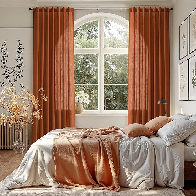 Nanspring Rust Linen Curtains for Living Room 72 Inches Long Light Filtering Semi Sheer Curtain Back Tab and Rod Pocket Vintage Rustic Luxury Home Decor Drapes for Bedroom Office 52x72, 2 Panels