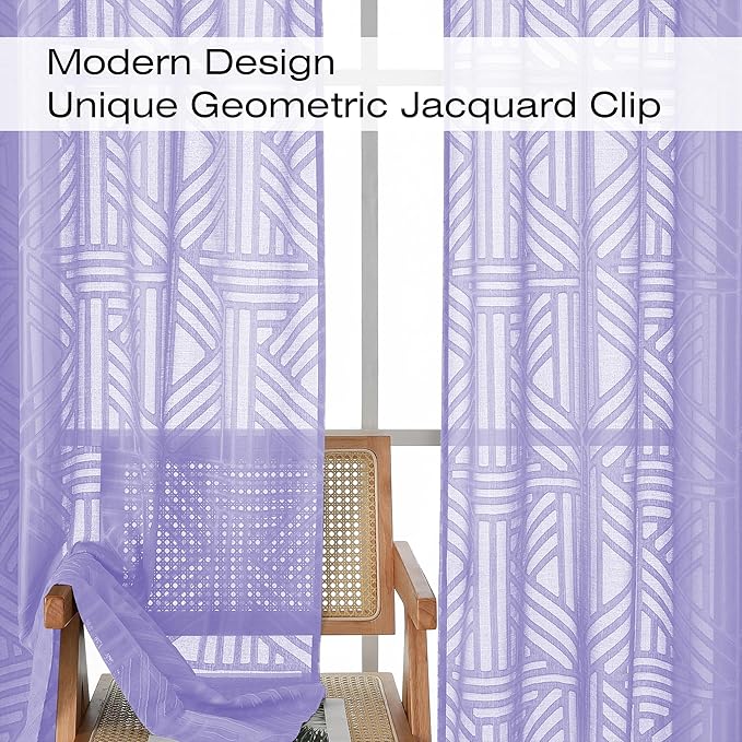 Simplebrand Lavender Semi Sheer Curtains 96 Inches Long 2 Panels, Light Filtering Geometric Jacquard Clip Textured Sheer Curtains for Living Room，Modern Elegant Window Curtains Drapes，42x96 inch