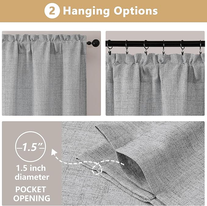 OVZME Grey Valance for Windows, Light Filtering Faux Linen Textured Small Kitchen Valances for Windows, Dual Rod Pocket Farmhouse Short Curtain for Bathroom Basement, 60Wx18L inch, 1 Piece
