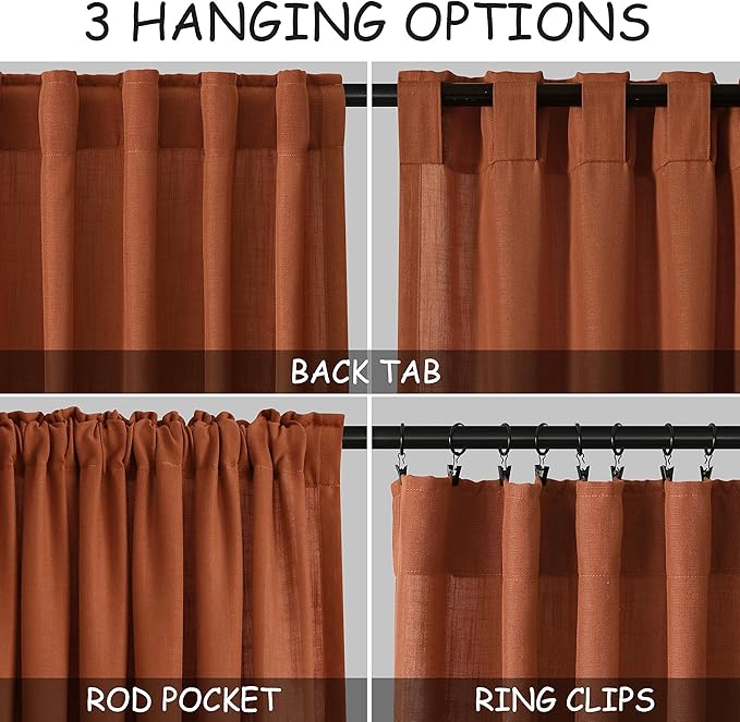 Nanspring Terracotta Linen Blend Semi Sheer Curtains 86 Inches Long 2 Panel Set Pocket Back Tab Brick Burnt Orange Privacy Decorative Decor Curtain Drapes for Bedroom Living Room 52x86