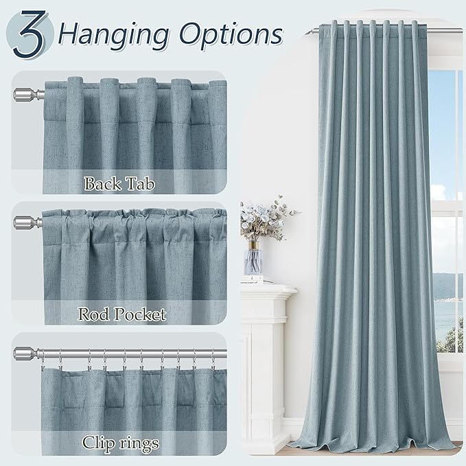 Guken Blue 100% Blackout Linen Curtains 132 Inch Length 2 Panels Set for Living Room Bedroom Back Tab Thermal Insulated Black Out Drapes Room Darkening Farmhouse Window Curtains Dusty Blue 52x132