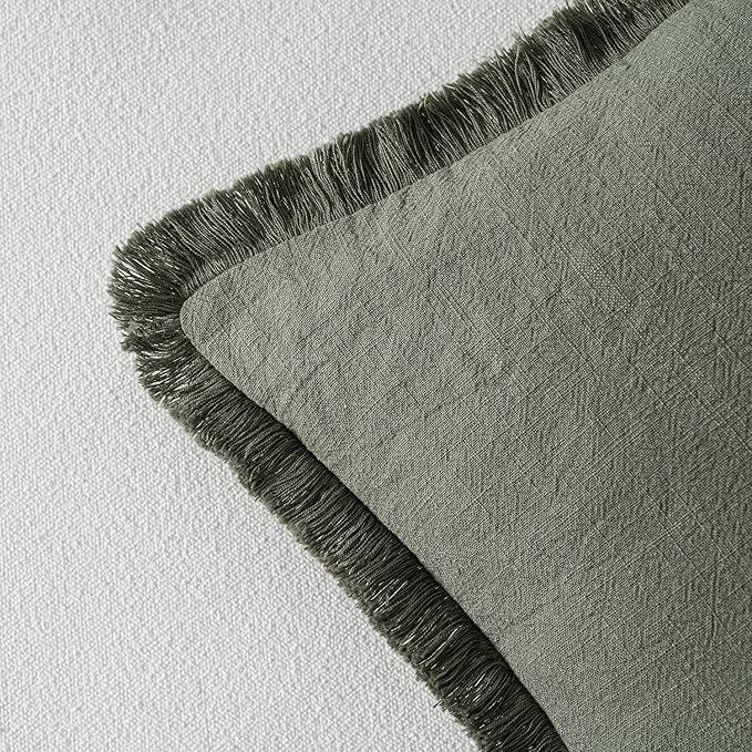 MIULEE Decorative Throw Pillow Covers Neutral Linen Fringe Throw Pillows Euro Shams Set of 2 Light Olive Green Boho Farmhouse Cushions for Couch Sofa Bed Living Room Spring Home Decor 24x24 Inch