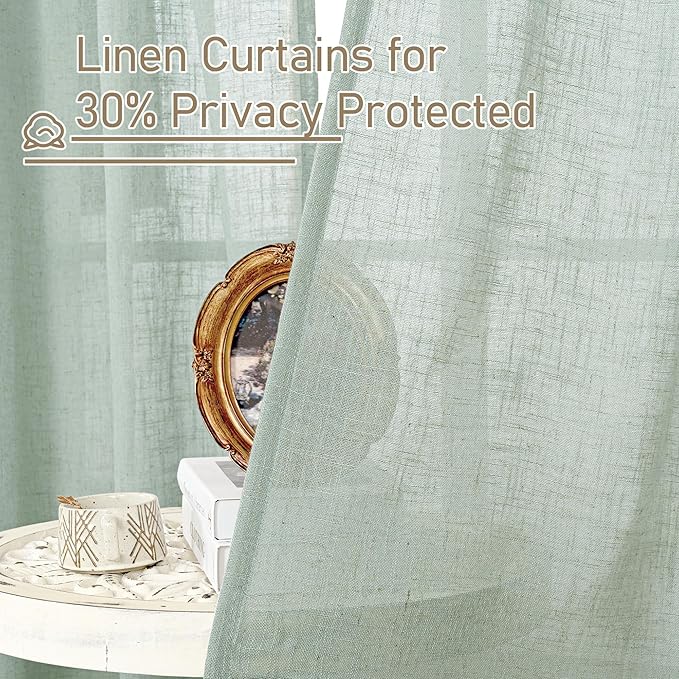 LAMIT Light Sage Linen Sheer Curtains for Bedroom, Faux Linen Textured Light Filtering Drapes Back Tab and Rod Pocket Boho Burlap Panels for Farmhouse/Living Room, 2 Panels, 52 x 84 Inch