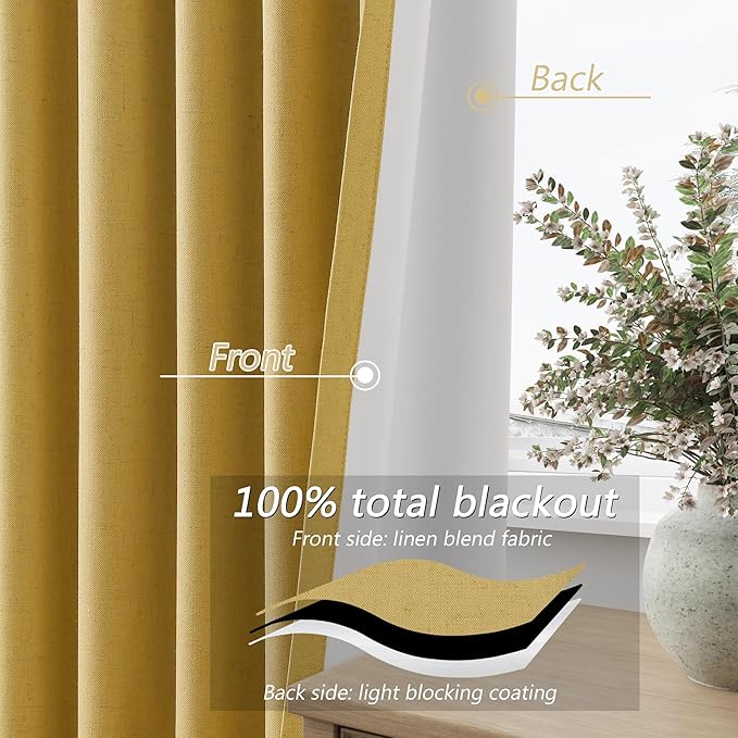 Gold 100% Blackout Linen Curtains 108 Inch Length 2 Panels Set for Living Room Bedroom Back Tab Thermal Insulated 100% Black Out Drapes Room Darkening Farmhouse Style for Bedroom Window Curtains