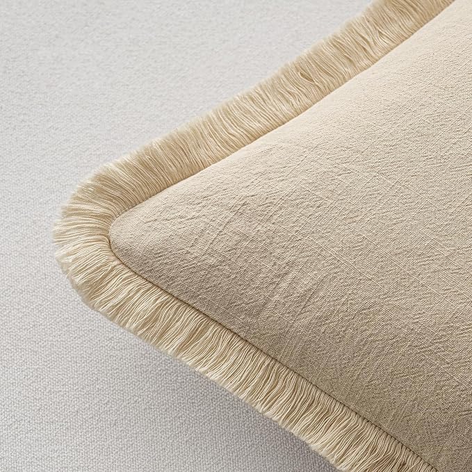 MIULEE Decorative Throw Pillow Covers Neutral Linen Fringe Throw Pillows Set of 2 Beige Boho Farmhouse Cushion Covers with Tassels for Couch Sofa Bed Living Room Spring Home Decor 18x18 Inch